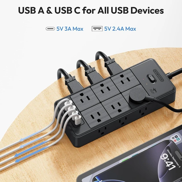 Alt view image 12 of 13 - Surge Protector Extension Cord 15FT, NTONPOWER 4000J Surge Protector Power Strip with 12 Outlets & 4 USB Ports (2 USB C), 3 Side Outlet Extender, Wall Mounted Extension Cord for Home Office