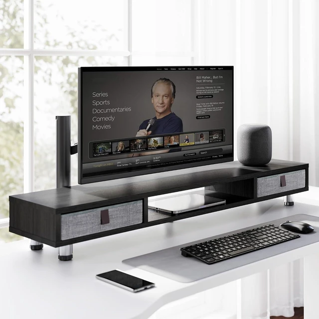 Alt view image 13 of 14 - Fenge Monitor Stand, Dual Monitor Stand with 2 Drawers, Monitor Riser for 2 Monitors, Adjustable Height Computer Stand, Office Monitor Stands for Desk, Laptop, PC, TV, Printer