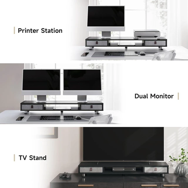 Alt view image 14 of 14 - Fenge Monitor Stand, Dual Monitor Stand with 2 Drawers, Monitor Riser for 2 Monitors, Adjustable Height Computer Stand, Office Monitor Stands for Desk, Laptop, PC, TV, Printer