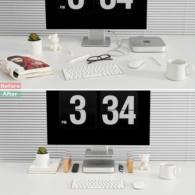 Alt view image 8 of 9 - YEOUX Multi-Purpose Desktop Stand, Clear Floating Computer Monitor Riser with Natural Wood Base, Desk Organization Shelf for Printer, Laptop, Audio Device, Flat Screen