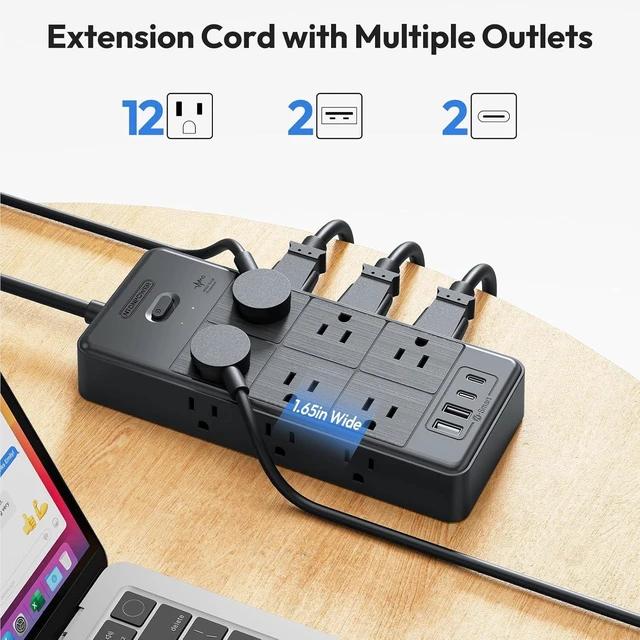 Alt view image 11 of 13 - Surge Protector Extension Cord 15FT, NTONPOWER 4000J Surge Protector Power Strip with 12 Outlets & 4 USB Ports (2 USB C), 3 Side Outlet Extender, Wall Mounted Extension Cord for Home Office