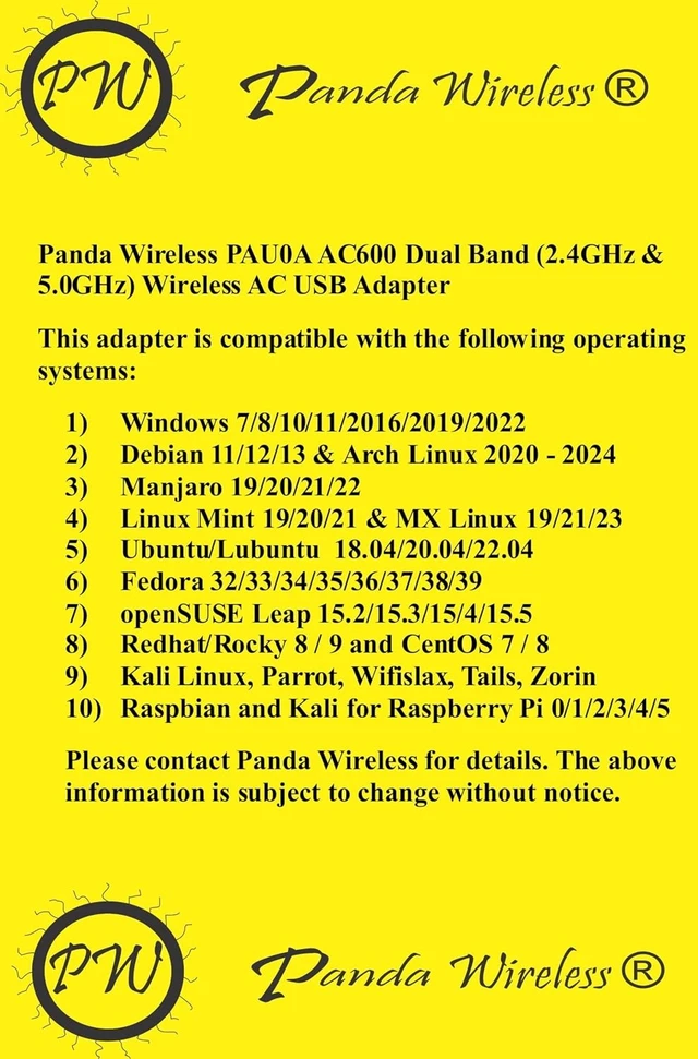 Alt view image 8 of 10 - Panda Wireless® PAU0A AC600 Dual Band (2.4GHz and 5GHz) Wireless AC USB Adapter - Win 7/8/10/11, Mint, Ubuntu, MX Linux, Manjaro, Fedora, Rocky, Kali Linux and Raspbian