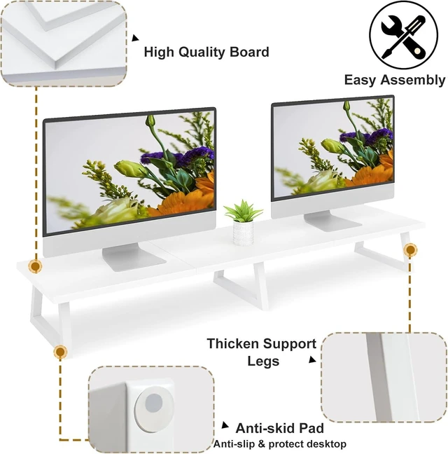 Alt view image 10 of 12 - TEAMIX White Dual Monitor Riser for 2 Monitors,-42inch, Wood Desktop Dual Stand with Metal Legs, Long Screen/PC/Laptop Storage,Computer Shelf TV Holder Home Office