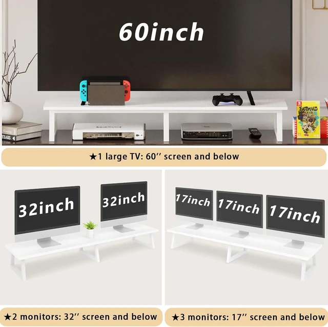 Alt view image 12 of 12 - TEAMIX White Dual Monitor Riser for 2 Monitors,-42inch, Wood Desktop Dual Stand with Metal Legs, Long Screen/PC/Laptop Storage,Computer Shelf TV Holder Home Office