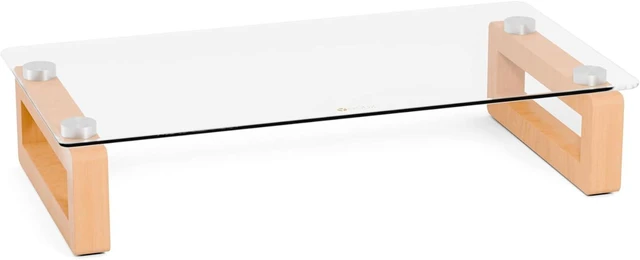 Alt view image 7 of 9 - YEOUX Multi-Purpose Desktop Stand, Clear Floating Computer Monitor Riser with Natural Wood Base, Desk Organization Shelf for Printer, Laptop, Audio Device, Flat Screen