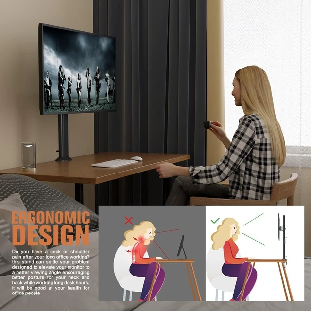 Alt view image 12 of 14 - HEMUDU Single Tall Desk Monitor Arm Mount Stand Fit for 27 inch to 43 inch Flat Curved Computer Screen with Swivel, Height Adjustable, Rotation,Holds up to 77lbs, Black