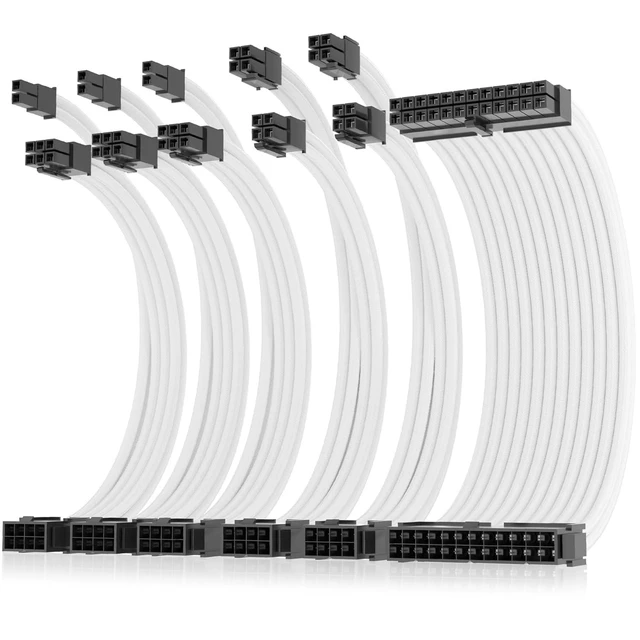 Alt view image 8 of 14 - AsiaHorse 16AWG Pro Power Supply Sleeved Cable, White Power Supply Extension Cable Dual EPS Kit, 1x24-PIN/ 2x8-PORT (4+4) M/B,3x8-PORT (6+2) PCI-E, 30cm Length with 2 Set of Combs