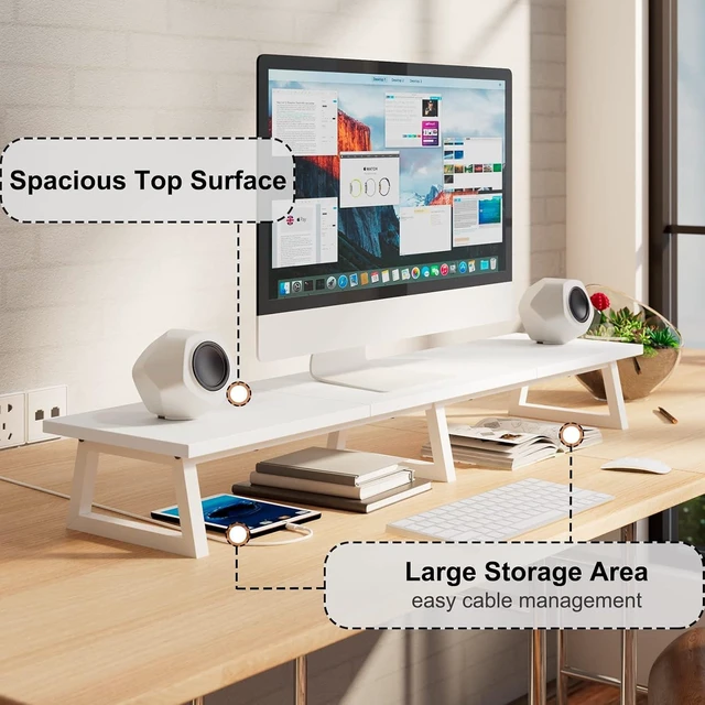 Alt view image 8 of 12 - TEAMIX White Dual Monitor Riser for 2 Monitors,-42inch, Wood Desktop Dual Stand with Metal Legs, Long Screen/PC/Laptop Storage,Computer Shelf TV Holder Home Office