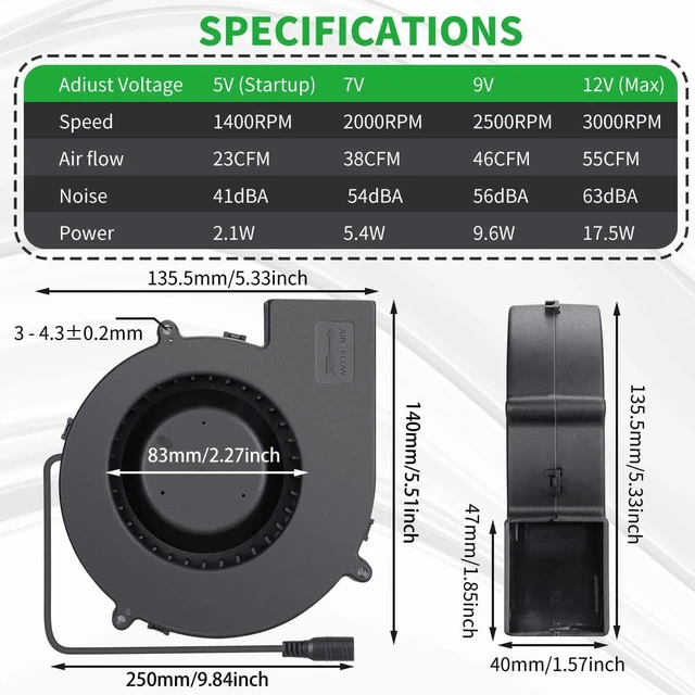 Alt view image 9 of 14 - 140mm x 40mm Dual Ball Big Airflow Centrifugal Blower Fan 12 Volt with AC 110v 220v Variable Speed Controller for DIY Inflatable or Cooling Ventilation Exhaust Projects