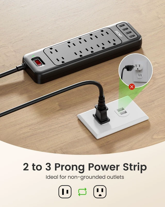 Alt view image 9 of 14 - LENCENT 2 Prong Power Strip, Polarized 3 Prong to 2 Prong Outlet Adapter, 1700J Surge Protector, 6ft Extension Cord, 10 AC Outlets & 4 USB(5V 3.4A Max), Wall Mountable, Ideal for Non-Grounded Outlets