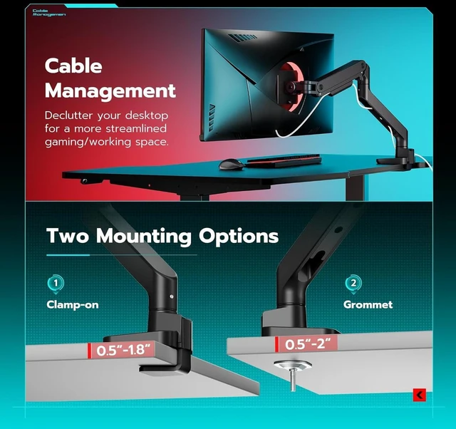 Alt view image 13 of 14 - Ultrawide Monitor Arm for 17 to 49 Inch Heavy Duty Curved Monitor, Holds 44 Lbs, Adjustable Gas Spring Monitor Arm Desk Mount with C Clamp, Grommet Base, 75/100 Vesa Mount, Black