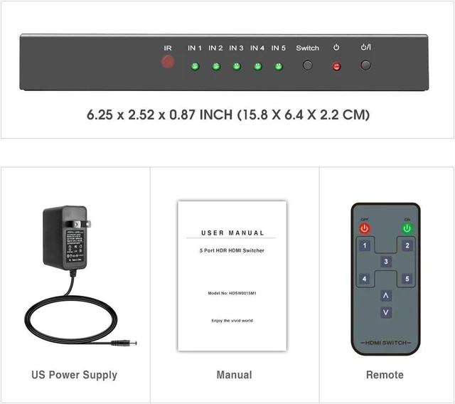 Alt view image 14 of 14 - (Newest Version) ROOFULL 5 Port 4K HDMI Switch with Remote 5 in 1 Out 4K@60Hz HDMI 2.0 Video Switcher Selector, Dolby Vision/Atmos Auto-Switching HDCP 2.2 HDR 10 CEC 18Gbps for PS5/4Pro Xbox Apple TV