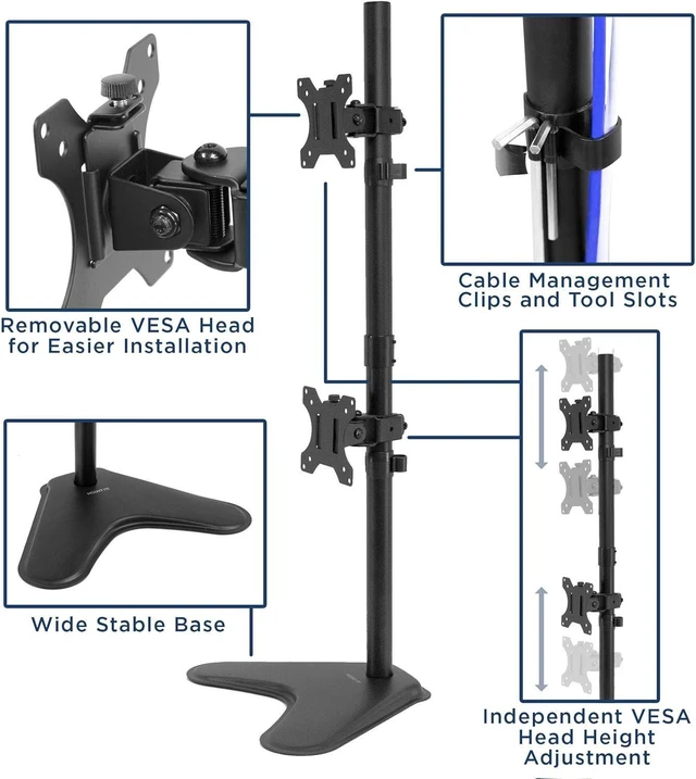 Alt view image 10 of 14 - Mount-It! Vertical Dual Monitor Stand, Free Standing Desk Mount, Stack Two Screens from 24 to 32 Inches, Height Adjustable, Tilt, Swivel, Rotate, VESA 75x75 & 100x100 Compatible, Black