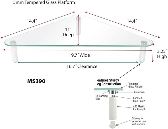 Alt view image 8 of 12 - Kantek Corner Desk Glass Computer Monitor Stand Riser, 5mm Tempered Glass Platform, Holds Up to 40 Lbs, Keyboard Storage, 19.7" X 11" X 3.25", Clear