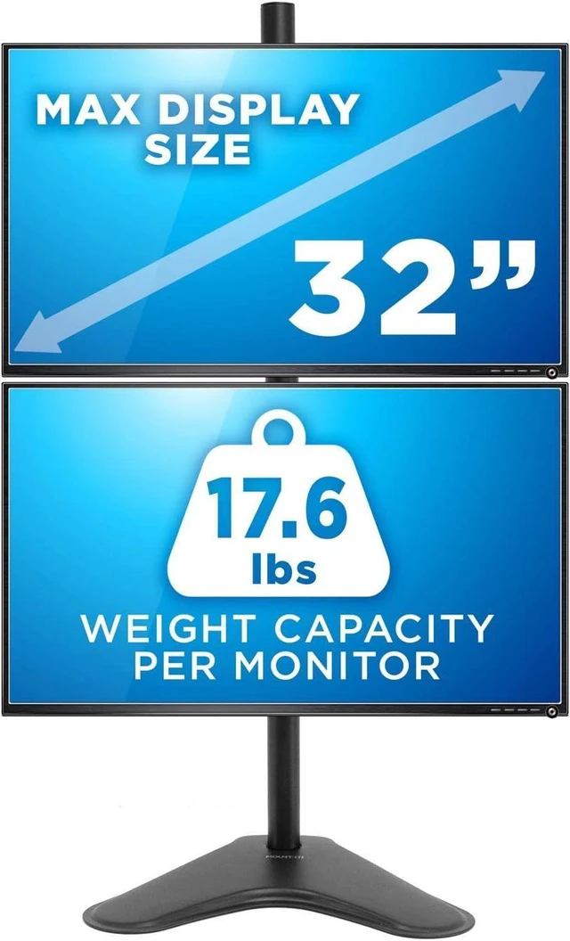 Alt view image 13 of 14 - Mount-It! Vertical Dual Monitor Stand, Free Standing Desk Mount, Stack Two Screens from 24 to 32 Inches, Height Adjustable, Tilt, Swivel, Rotate, VESA 75x75 & 100x100 Compatible, Black