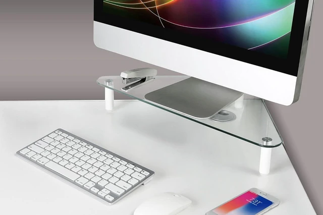 Alt view image 11 of 12 - Kantek Corner Desk Glass Computer Monitor Stand Riser, 5mm Tempered Glass Platform, Holds Up to 40 Lbs, Keyboard Storage, 19.7" X 11" X 3.25", Clear