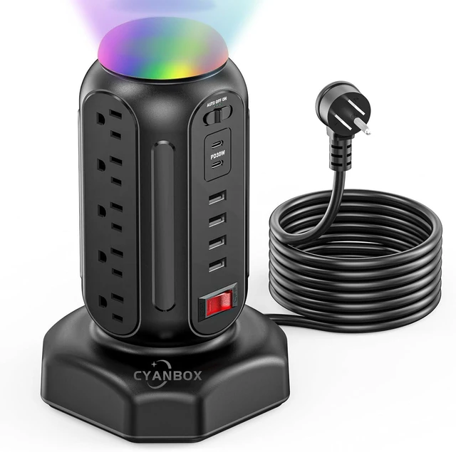 Alt view image 8 of 14 - Multiple Outlets Surge Protector, PD 30W Fast Charging Power Strip Tower with RGB Night Light, 15 AC Outlets Power Tower, 2 Type C and 4 USB Ports, 6.5FT Retractable Extension Cord Charging Station
