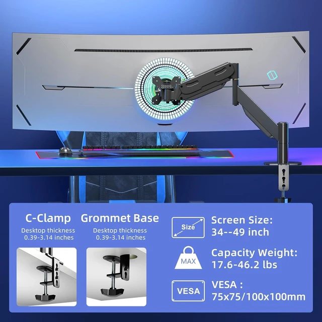 Alt view image 9 of 14 - Pholiten Premium Aluminum Heavy Duty Monitor ArmUltrawide Monitor Arm,Full Motion Single Monitor Mount for Computer Screens up to 49 inchs and 46.2lbs,Adjustable Clamp and Grommet Monitor Mount.