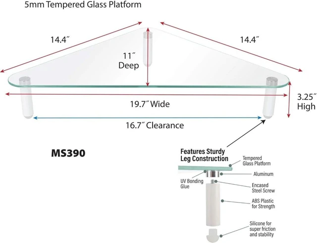 Alt view image 9 of 12 - Kantek Corner Desk Glass Computer Monitor Stand Riser, 5mm Tempered Glass Platform, Holds Up to 40 Lbs, Keyboard Storage, 19.7" X 11" X 3.25", Clear