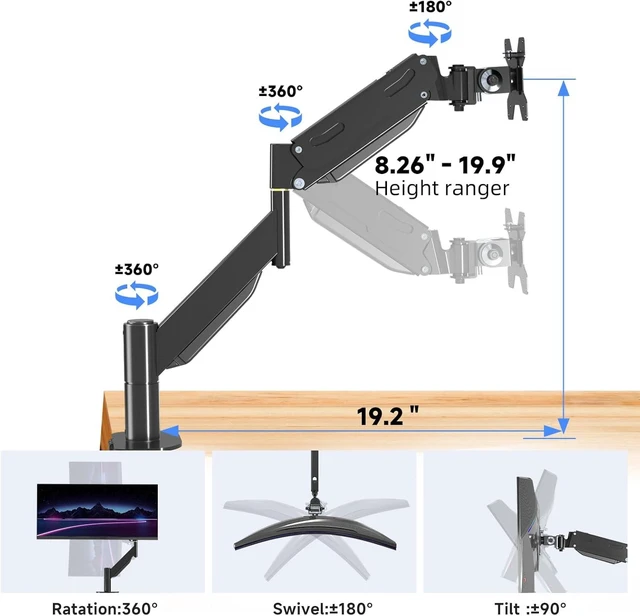 Alt view image 10 of 14 - Pholiten Premium Aluminum Heavy Duty Monitor ArmUltrawide Monitor Arm,Full Motion Single Monitor Mount for Computer Screens up to 49 inchs and 46.2lbs,Adjustable Clamp and Grommet Monitor Mount.