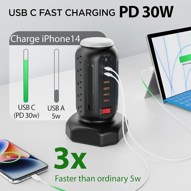 Alt view image 9 of 14 - Multiple Outlets Surge Protector, PD 30W Fast Charging Power Strip Tower with RGB Night Light, 15 AC Outlets Power Tower, 2 Type C and 4 USB Ports, 6.5FT Retractable Extension Cord Charging Station