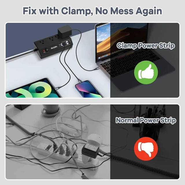 Alt view image 12 of 14 - Desk Clamp Power Strip - 20W USB C Fast Charging Station - Desk Power Strip Flat Plug Extension Cord 10FT with 4 USB Ports + 4 Outlets - Desktop Mount Surge Protector - Fit 1.8" Tabletop Edge
