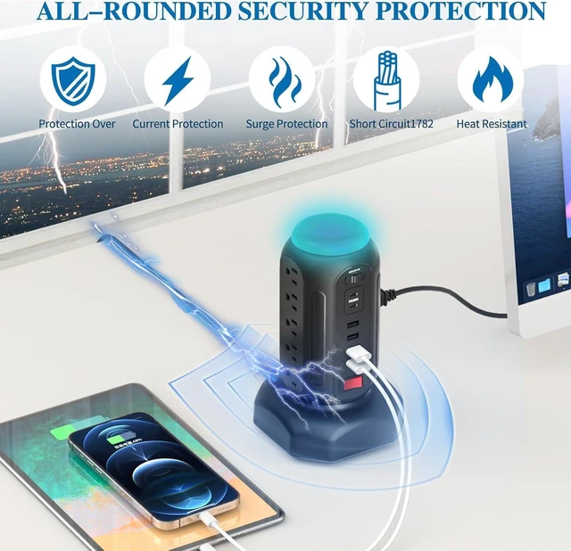 Alt view image 13 of 14 - Multiple Outlets Surge Protector, PD 30W Fast Charging Power Strip Tower with RGB Night Light, 15 AC Outlets Power Tower, 2 Type C and 4 USB Ports, 6.5FT Retractable Extension Cord Charging Station