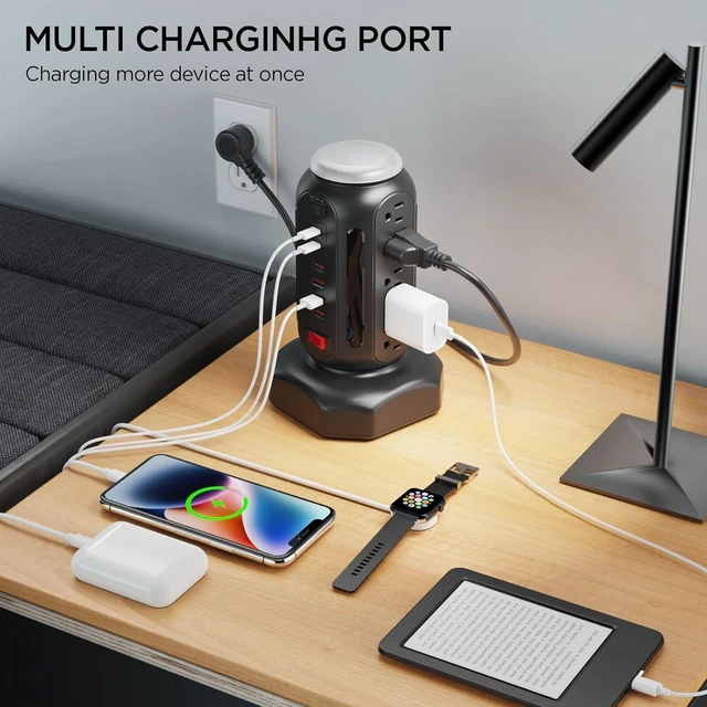 Alt view image 14 of 14 - Multiple Outlets Surge Protector, PD 30W Fast Charging Power Strip Tower with RGB Night Light, 15 AC Outlets Power Tower, 2 Type C and 4 USB Ports, 6.5FT Retractable Extension Cord Charging Station