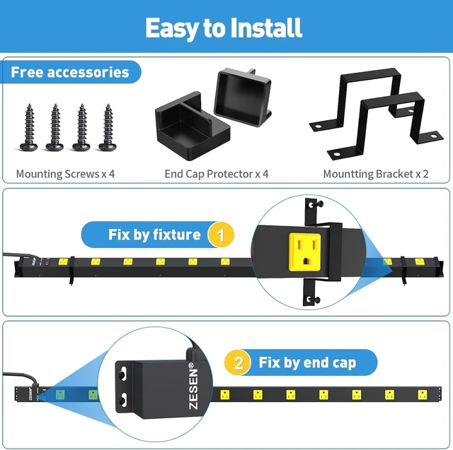 Alt view image 12 of 14 - 12 Outlet Long Power Strips Heavy Duty Garage Workshop Multi Wide Industrial Power Strip Surge Protector with 4ft Cord, ETL Certified, 1875W, Black