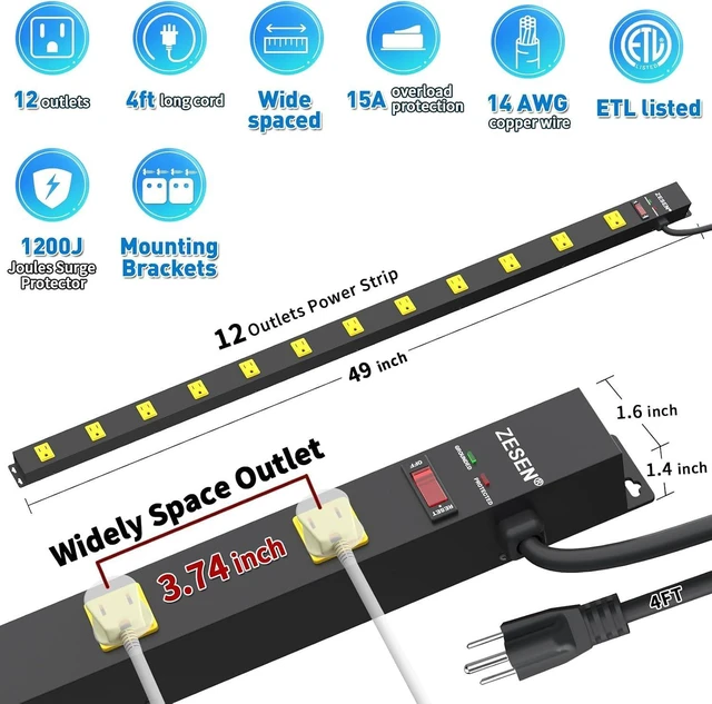 Alt view image 9 of 14 - 12 Outlet Long Power Strips Heavy Duty Garage Workshop Multi Wide Industrial Power Strip Surge Protector with 4ft Cord, ETL Certified, 1875W, Black
