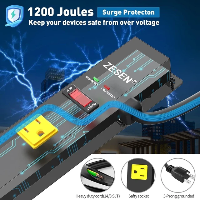 Alt view image 10 of 14 - 12 Outlet Long Power Strips Heavy Duty Garage Workshop Multi Wide Industrial Power Strip Surge Protector with 4ft Cord, ETL Certified, 1875W, Black