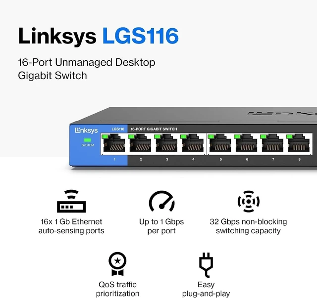 Alt view image 9 of 14 - Linksys LGS116 16 Port Gigabit Unmanaged Network Switch - Home / Office Ethernet Switch Hub with Metal Housing - Wall Mount or Desktop Ethernet Splitter, Easy Plug & Play Connection
