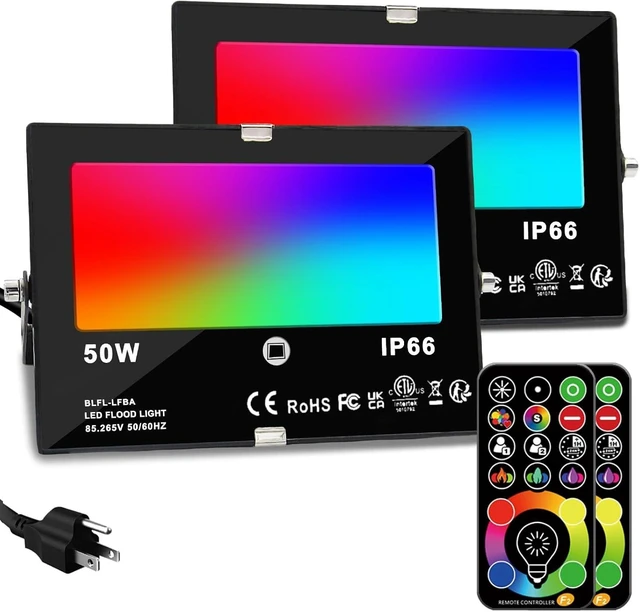 Alt view image 8 of 12 - LED Flood Light Outdoor, 50W RGB Color Changing 5000 Lumens FloodLight, DIY Strobe Mode, 120 Colors Uplight, Timing, RGBW 2700K Warm White, IP66 Waterproof Spotlight (2 Pack)