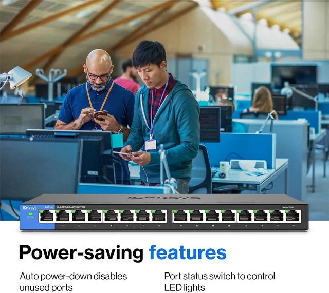 Alt view image 12 of 14 - Linksys LGS116 16 Port Gigabit Unmanaged Network Switch - Home / Office Ethernet Switch Hub with Metal Housing - Wall Mount or Desktop Ethernet Splitter, Easy Plug & Play Connection