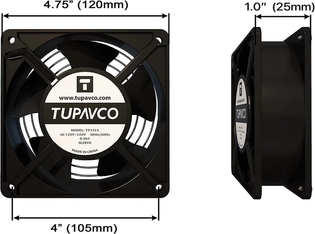 Alt view image 8 of 8 - Network Cabinet Fan (Dual 2pc Kit for Server Rack Cooling) Pair of Roof Rackmount Muffin Fans 120mm 4in Noise Level 55dBa Steel Frame Ventilation with 110V AC/Ground Cable -Tupavco TP1511