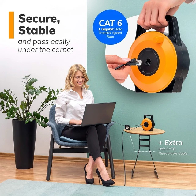 Alt view image 12 of 12 - Retractable Network Cable Extender, 50 Ft (15 Meter) CAT 6 Ethernet Cable Flat-Portable 1Gbps Data Speed-Swiftly Setup Temp Networks-Cascadable Male-Female RJ45 Connector-UTP Cable Reel