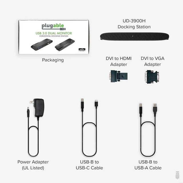 Alt view image 12 of 12 - Plugable Universal Docking Station for Windows, MacBook, Chromebook - Dual HDMI Monitors or DVI/VGA, Gigabit Ethernet, Audio, 6 USB Ports (UD-3900H)