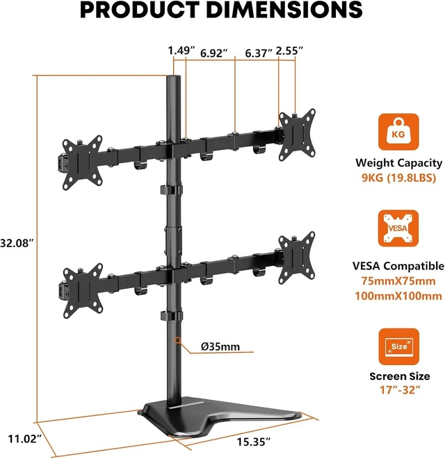 Alt view image 12 of 12 - Quad Monitor Stand, 4 monitor Mount for 17 to 32 inch Computer Screens,Hold up to 19.8lbs Each,Fully Adjustable Stacked 4 monitor desk Mount,Black