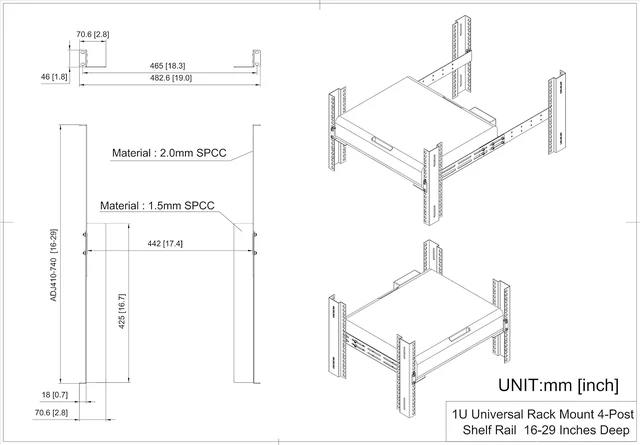Alt view image 12 of 14 - 1U Universal Rack Mount Rails- 4-Post Server Rack Shelf Rail 16-29 inches Adjustable Depth for APC HP IBM DELL Compaq