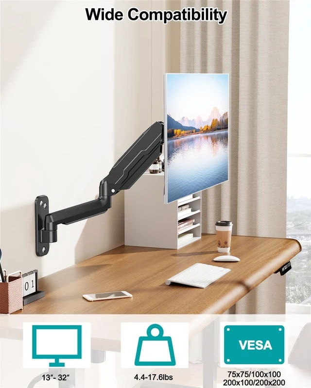 Alt view image 13 of 14 - MOUNT PRO Single Monitor Wall Mount for 13 to 32 Inch Computer Screens, Gas Spring Arm Holds Up to 17.6lbs, Full Motion Adjustable,VESA Mount 75x75, 100x100,Black