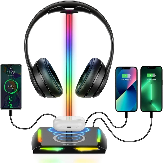 Alt view image 7 of 12 - New bee RGB Headphone Stand with 2 USB-C & 1 USB Charging Ports, Desk Gaming Headset Holder with 7 Light Modes and Non-Slip Rubber Base Suitable for All Earphone Accessories