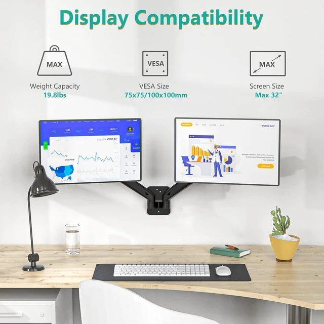Alt view image 10 of 14 - WALI Dual Monitor Wall Mount, Gas Spring Monitor Arm for 2 Screens up to 32 inch, 19.8 lbs. Fully Adjustable Arm Mounting Holes up to 100 x 100 (GSWM002), Black