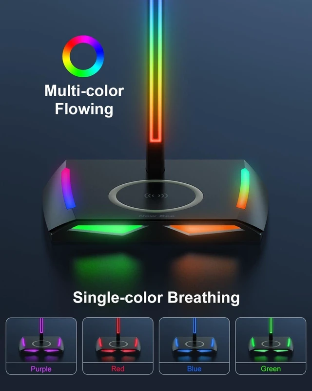 Alt view image 8 of 12 - New bee RGB Headphone Stand with 2 USB-C & 1 USB Charging Ports, Desk Gaming Headset Holder with 7 Light Modes and Non-Slip Rubber Base Suitable for All Earphone Accessories