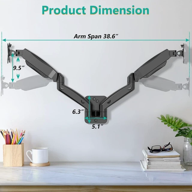 Alt view image 13 of 14 - WALI Dual Monitor Wall Mount, Gas Spring Monitor Arm for 2 Screens up to 32 inch, 19.8 lbs. Fully Adjustable Arm Mounting Holes up to 100 x 100 (GSWM002), Black
