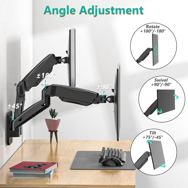 Alt view image 12 of 14 - WALI Dual Monitor Wall Mount, Gas Spring Monitor Arm for 2 Screens up to 32 inch, 19.8 lbs. Fully Adjustable Arm Mounting Holes up to 100 x 100 (GSWM002), Black