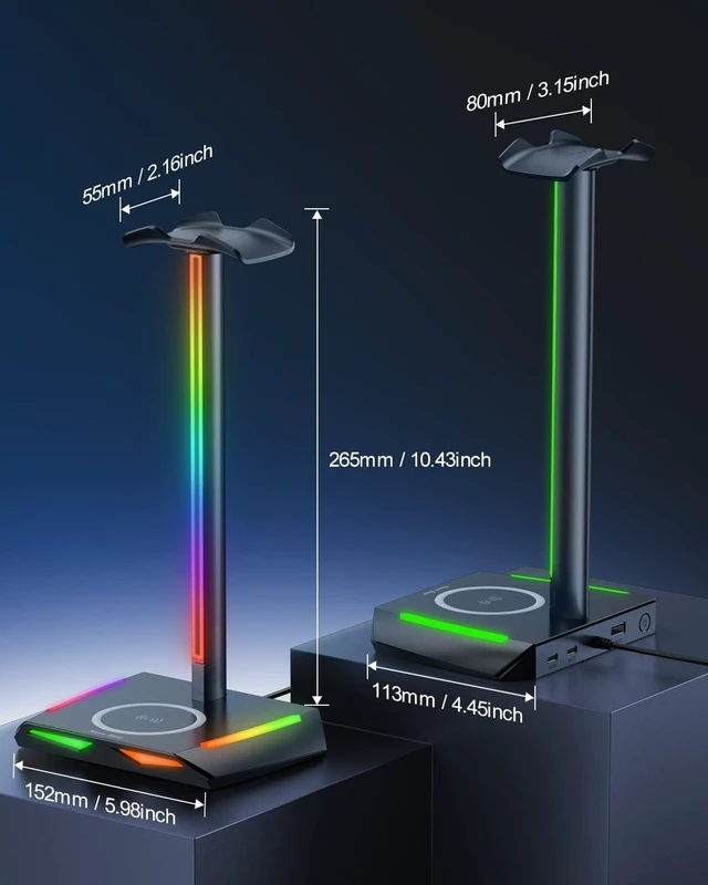 Alt view image 10 of 12 - New bee RGB Headphone Stand with 2 USB-C & 1 USB Charging Ports, Desk Gaming Headset Holder with 7 Light Modes and Non-Slip Rubber Base Suitable for All Earphone Accessories