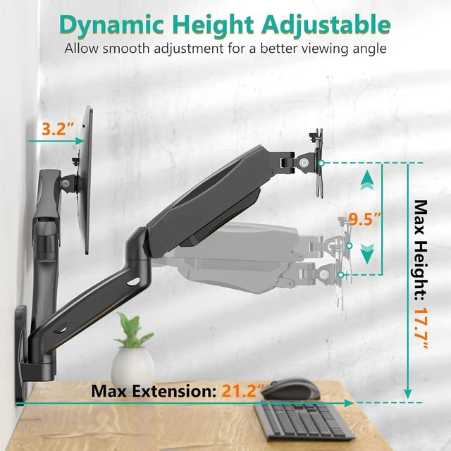 Alt view image 14 of 14 - WALI Dual Monitor Wall Mount, Gas Spring Monitor Arm for 2 Screens up to 32 inch, 19.8 lbs. Fully Adjustable Arm Mounting Holes up to 100 x 100 (GSWM002), Black