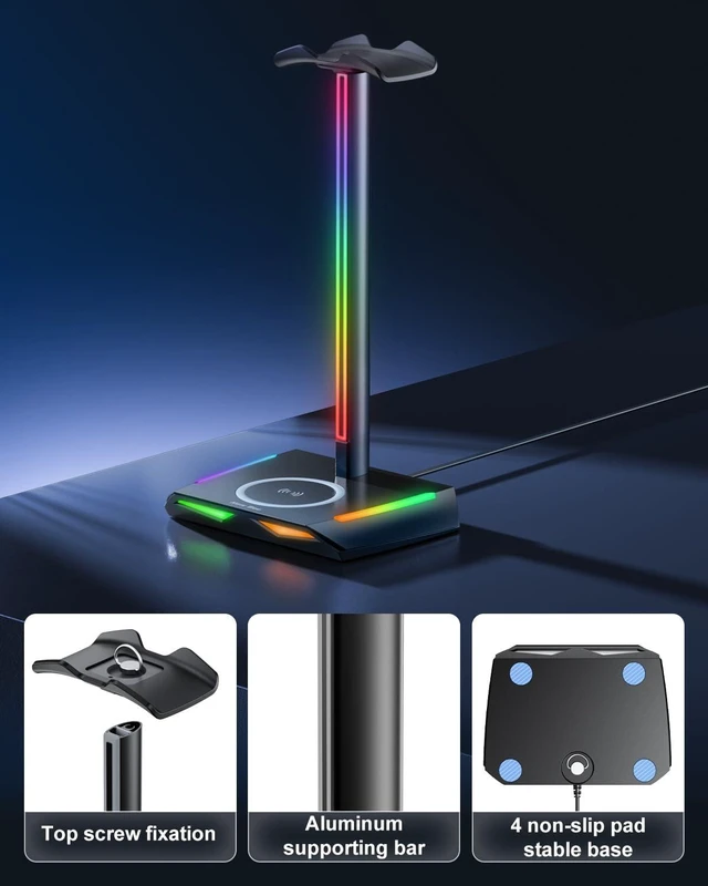 Alt view image 11 of 12 - New bee RGB Headphone Stand with 2 USB-C & 1 USB Charging Ports, Desk Gaming Headset Holder with 7 Light Modes and Non-Slip Rubber Base Suitable for All Earphone Accessories