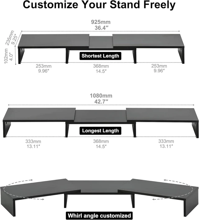 Alt view image 11 of 14 - FITUEYES Dual Monitor Stand 3 Shelf Computer Monitor Riser, Wood Desktop Stand with Adjustable Length and Angle, Desk Accessories, Office Supplies Medium Black,DT108001WB
