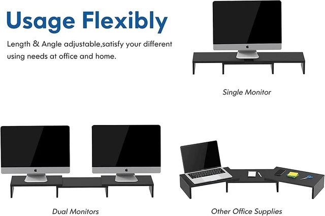 Alt view image 12 of 14 - FITUEYES Dual Monitor Stand 3 Shelf Computer Monitor Riser, Wood Desktop Stand with Adjustable Length and Angle, Desk Accessories, Office Supplies Medium Black,DT108001WB